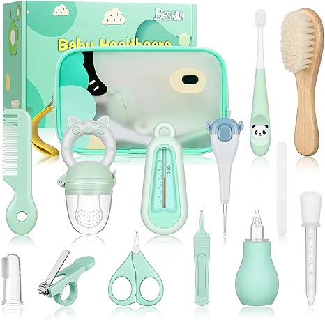 Baby Healthcare and Grooming Kit - Nursery Essentials Baby Registry Shower Gift for Newborns Infants Toddlers Boys Girls 13pcs - Green