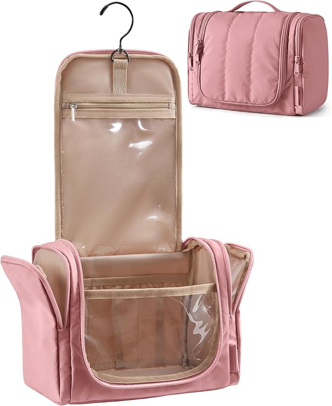 BAGSMART Necessaire de viagem suspensa com gancho, compartimento de PVC e tecido resistente à água, Dusty Rose