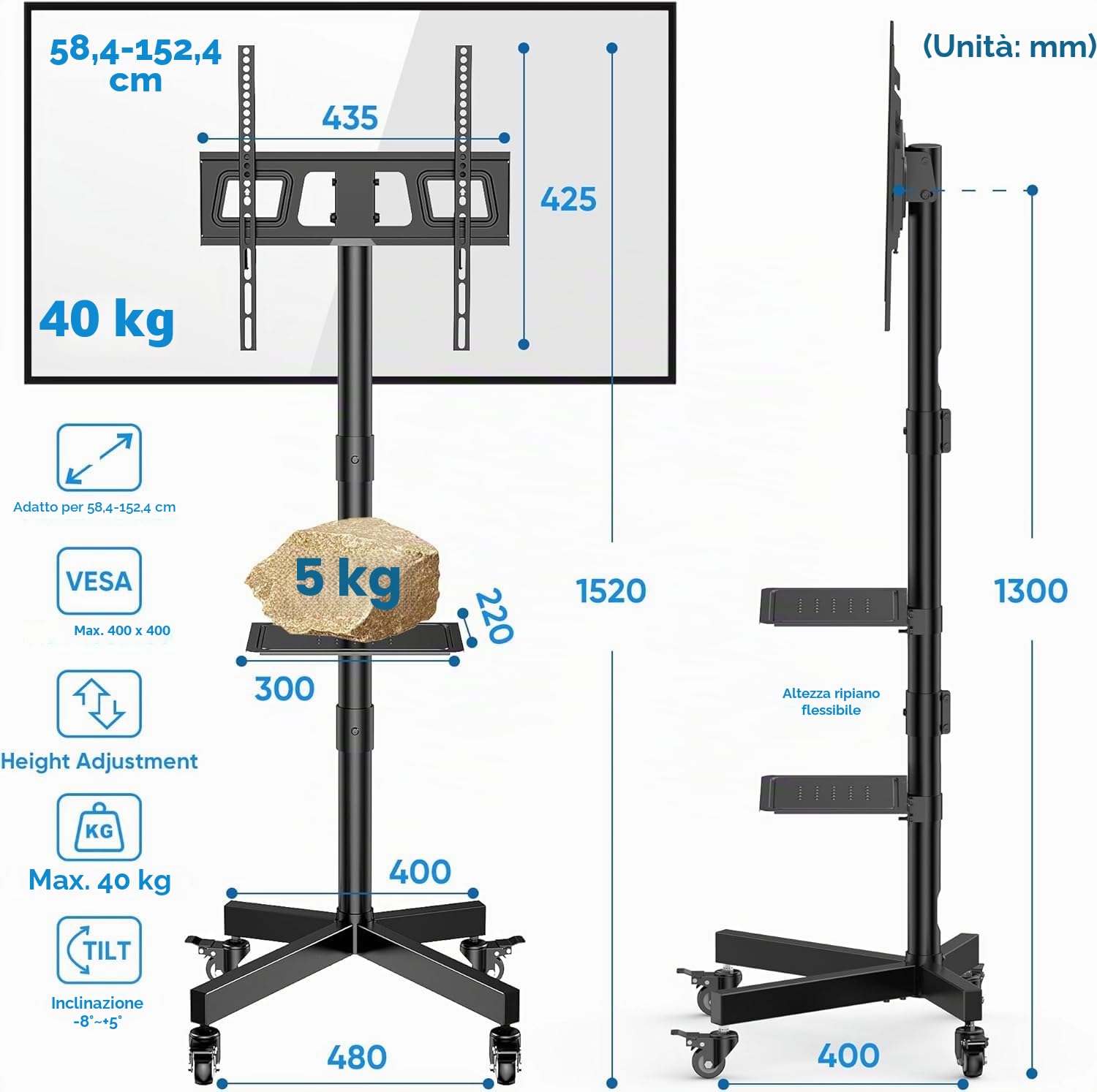 FORGING MOUNT Supporto TV da Pavimento per 26-60 Pollici TV, Altezza Regolabile Carrello Porta TV con Ruote Fino a 45kg, Porta TV da Terra Mobile con Scaffale per Laptop, Max VESA 400x400mm