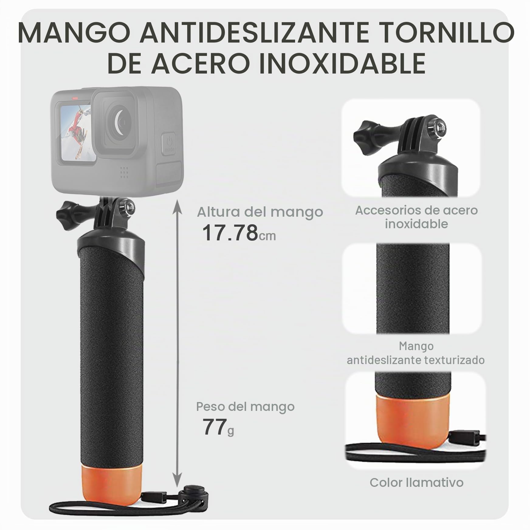 FitStill Monopie Impermeable con Mango Flotante + Correa de Seguridad con Núcleo de Acero, Cuerda para Cámaras Go Pro y DJI Osmo Action, Buceo Selfie