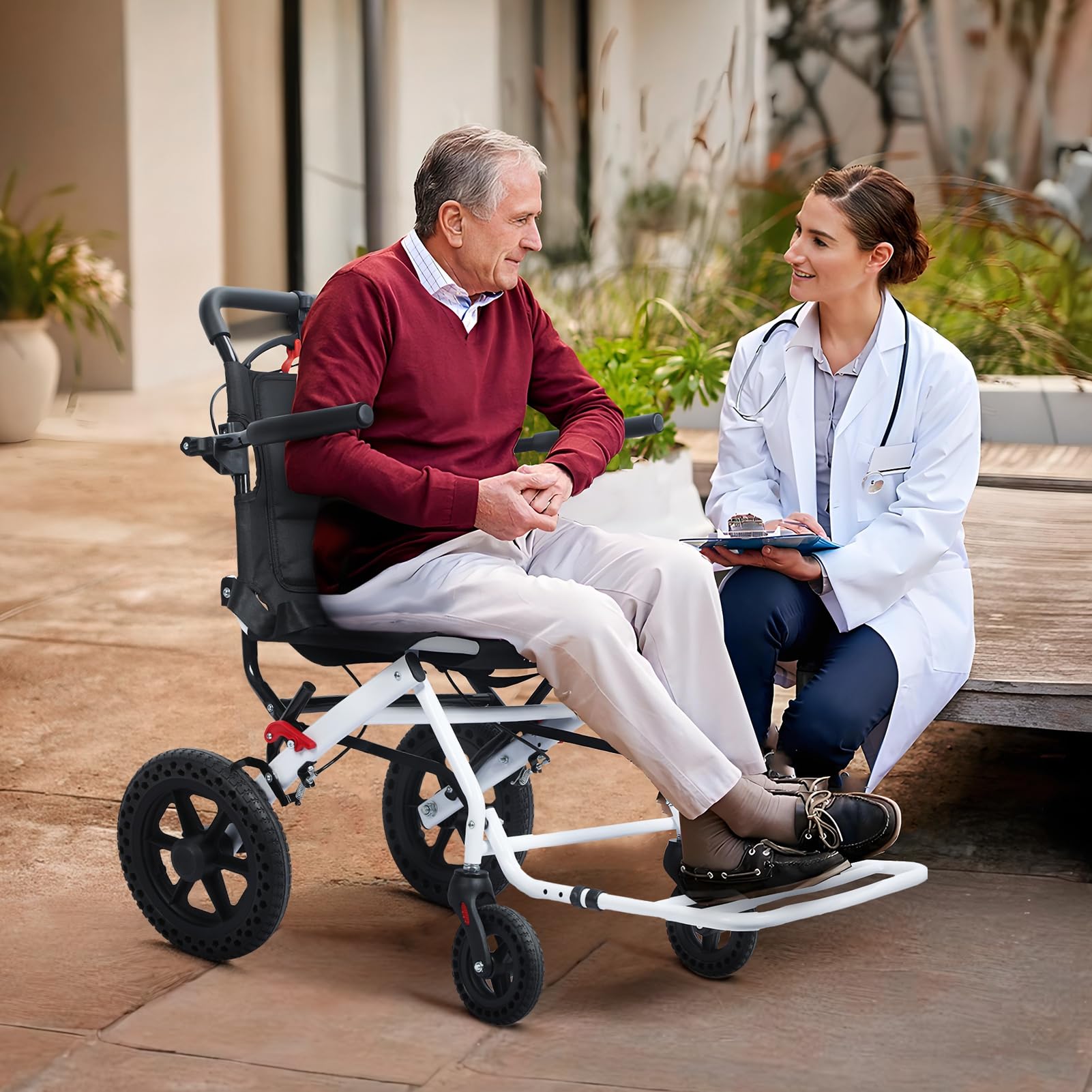 Silla de ruedas ligera para adultos (solo 14 libras), sillas de ruedas plegables para personas mayores con ruedas traseras de 12 pulgadas, silla de transporte compacta (soporta 264 libras) para viajes