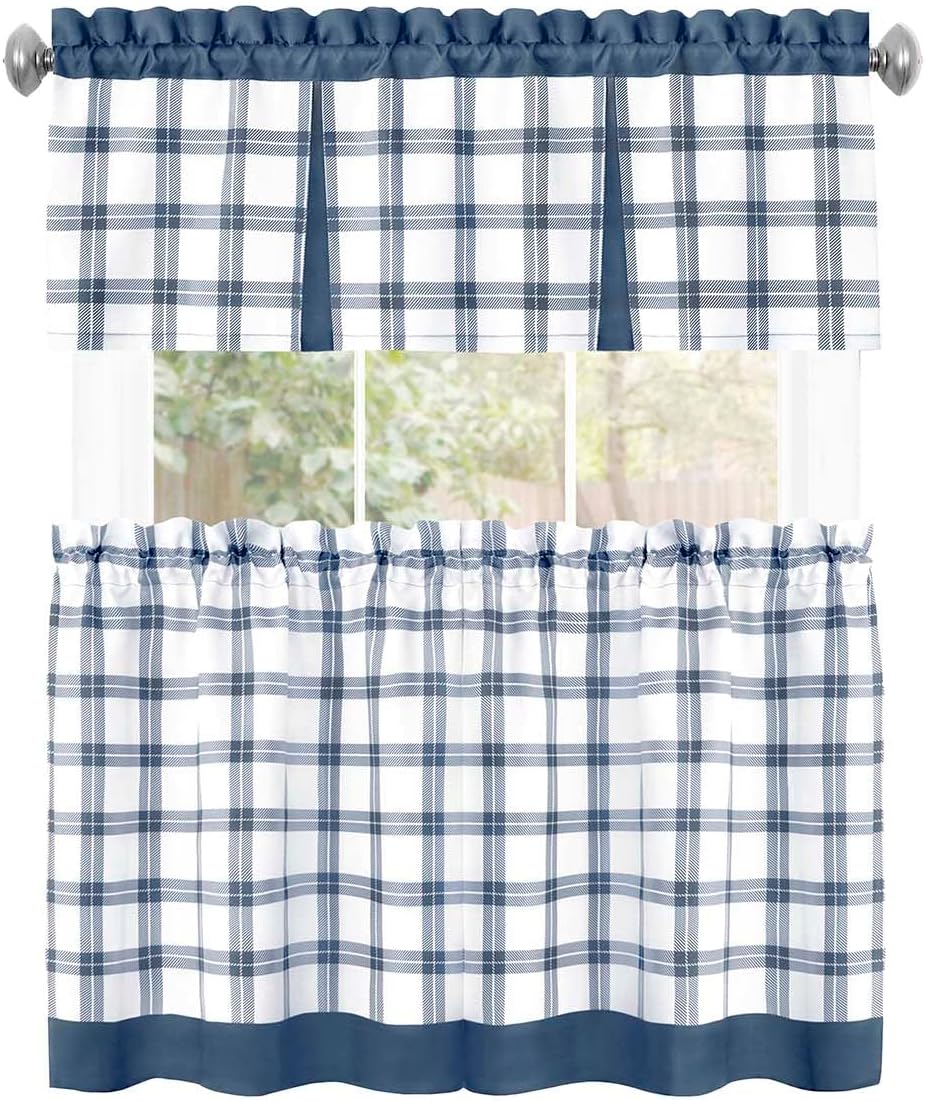 PowerSellerUSA Semi-Sheer Two-Tone Modern Kitchen Curtain with Classic Plaid Gingham Pattern with Solid Rod Pocket Top, 36" Tier Valance Set