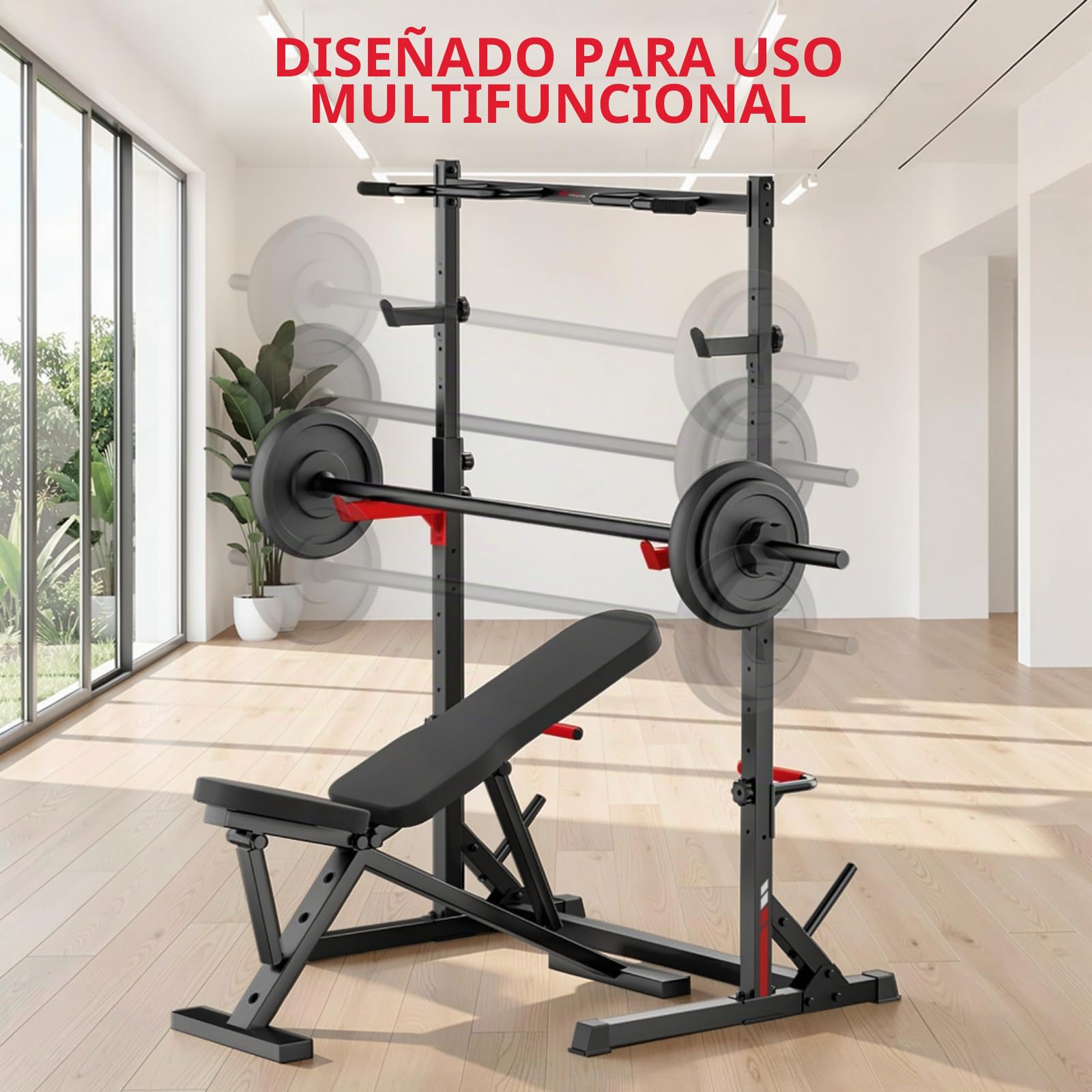 Rack de Sentadillas Multifuncional con Barra de Dominadas, Soporte Totalmente Ajustable, Capacidad de Carga 300 KG, Jaula de Potencia de Acero Reforzado para Entrenamiento de Fuerza en Casa