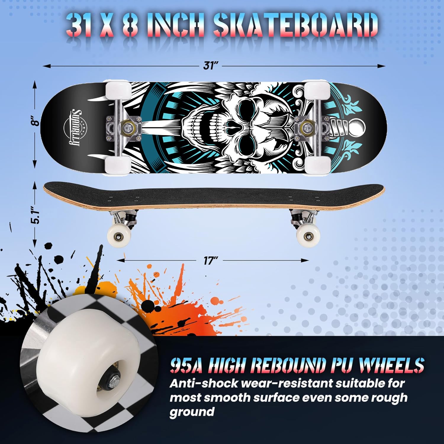 Skateboard Adulte Trick Skate Board pour Débutant, Cadeau d'anniversaire Skateboards pour Enfants Adolescent Adultes