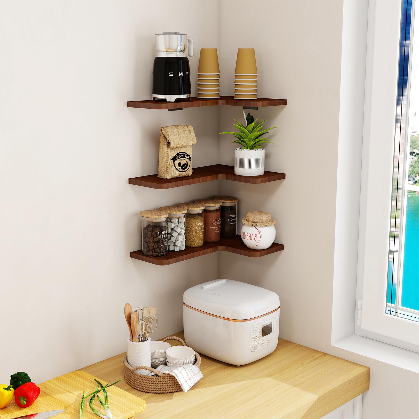 Etagere Angle Flottantes Lot de 3, Imperméable, Anti-Moisissure, Tablette Bois Murale Etagere Rangement en Bois Rustique pour Salon Chambre Bureau Salle de Bains, Cuisine