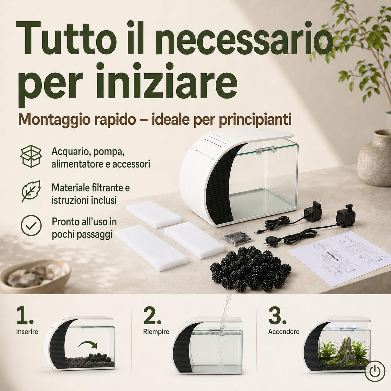 Acquario con illuminazione a LED e pompa d'acqua, capacità per pesci ornamentali, granchi, piante, ideale per soggiorno, camera da letto, ufficio, decorazione
