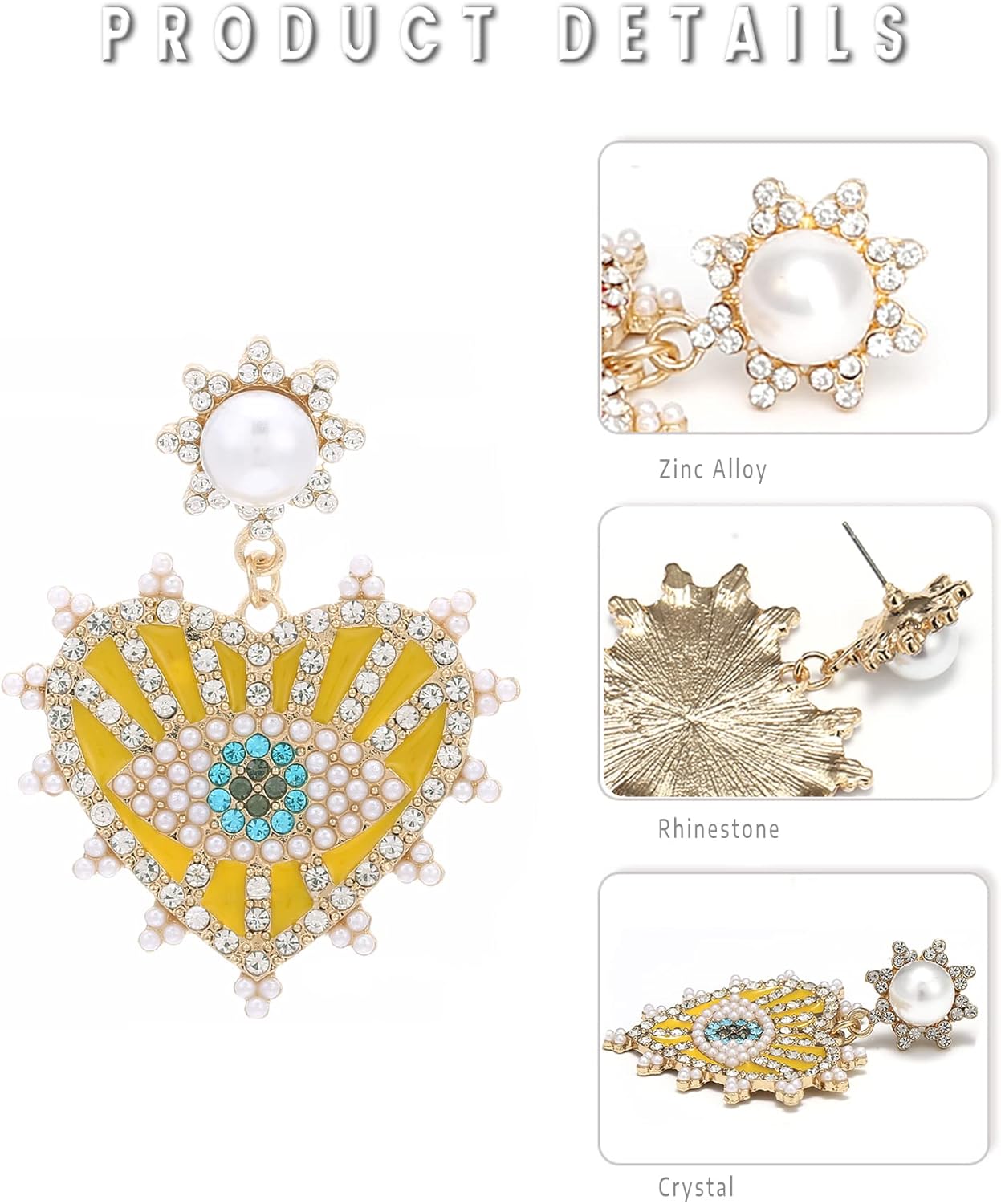 Evil Eye Earrings-Statement Heart Crystal Drop Earrings for Women, Big Dangle Earrings - Image 3