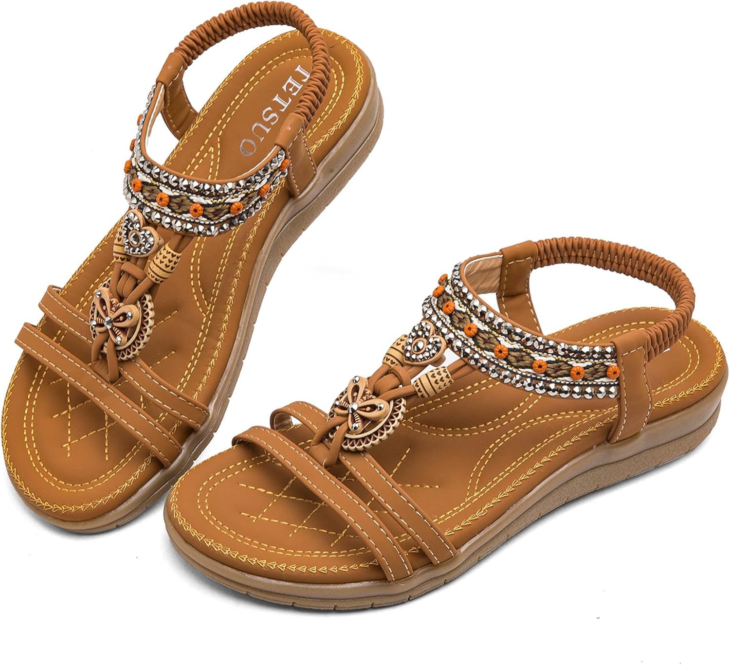 TETSUO Women Sandals Walking Flats Summer Beach Sandals Arch Support Casual Dressy Shoes for Women Elastic Ankle Strap Jeweled Bohemian Shoes - Image 3
