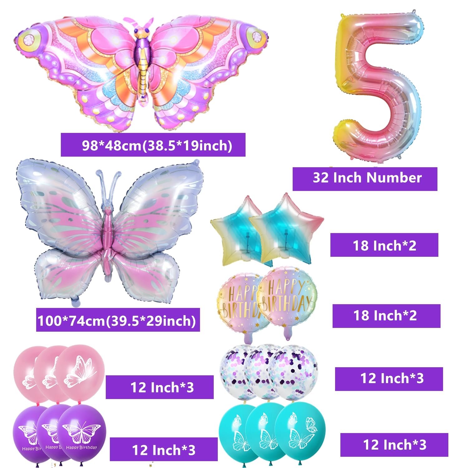 5. Geburtstag Dekoration Set Mit Schmetterlingsballons – Für Mädchen, Inkl. Folienballons, Luftballons & Zahl 5