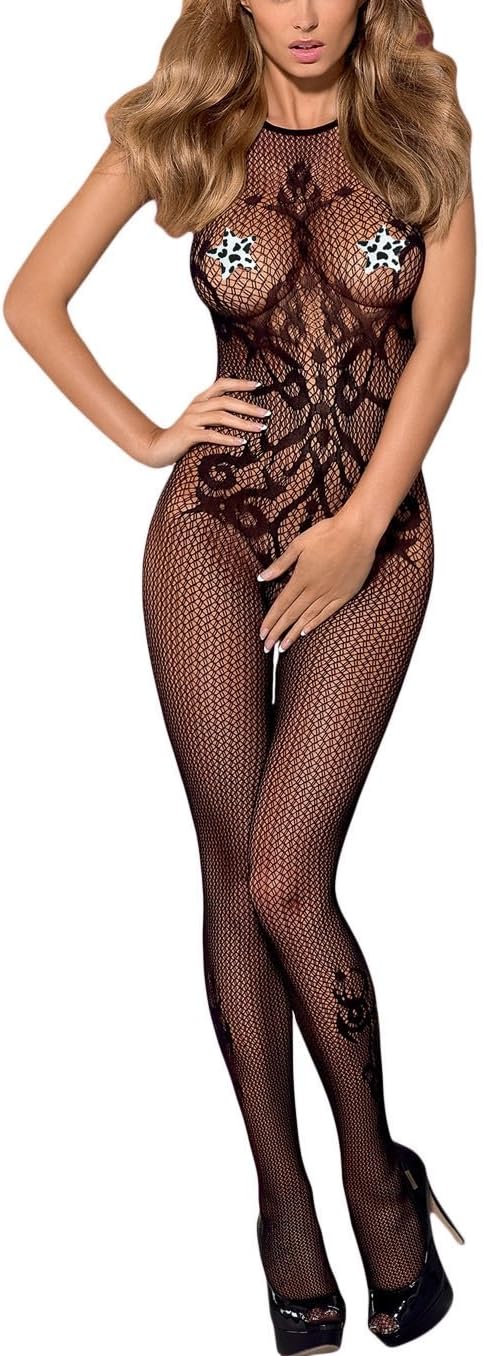 hotgreenpepper Women's Sexy Seamless Opaque Tattoo Halter Neck Bodystocking (One Size 8-12 UK)