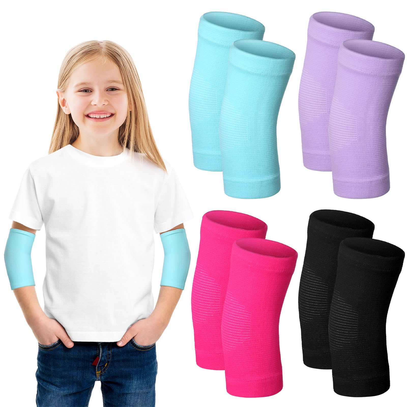 4 Pairs Kids Elbow Brace, 5-10 Years, Black, Purple, Rose Pink, Sky Blue
