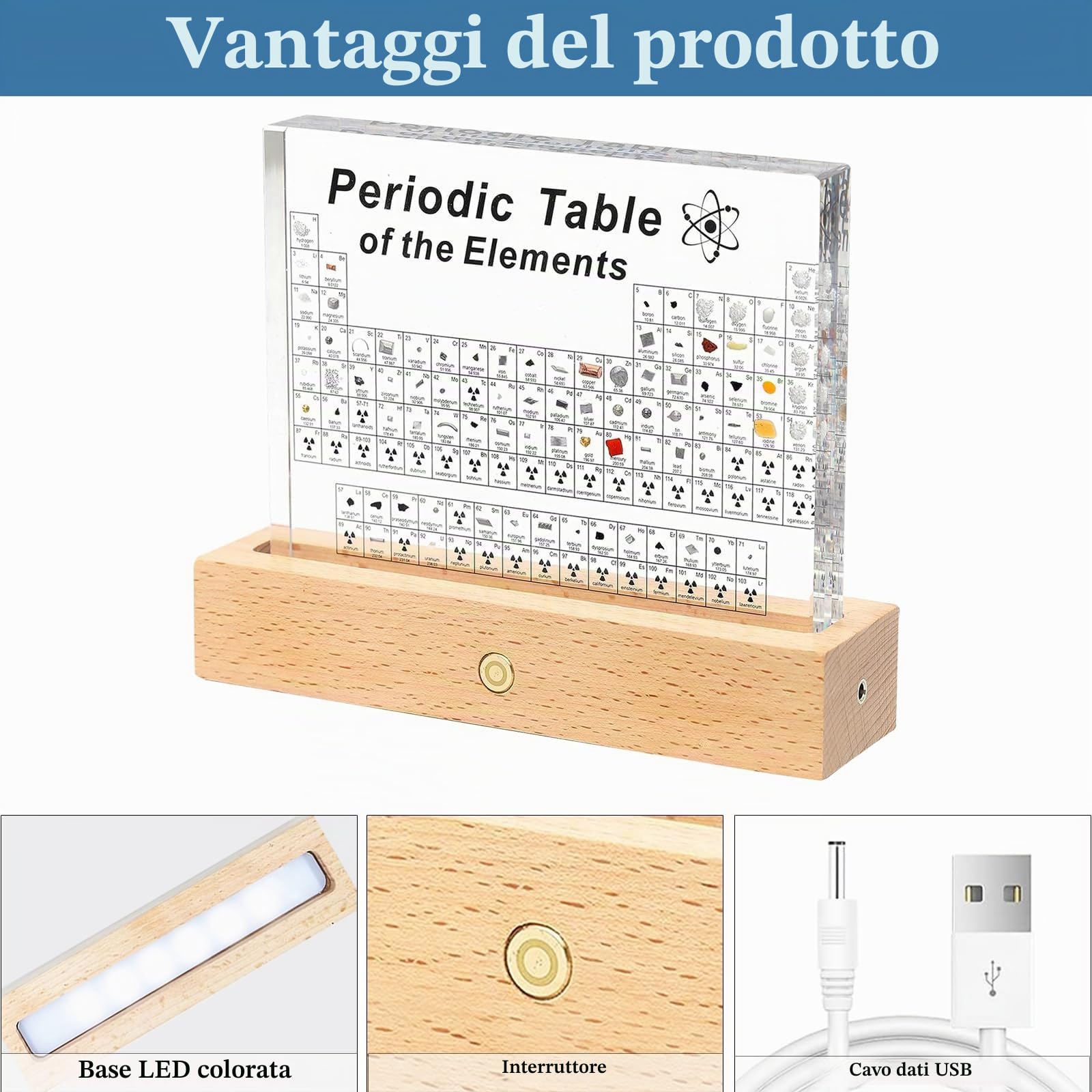 SOEPOTIX Tavola Periodica degli Elementi Reali, Tavola Periodica con Elementi Veri con LED Supporto e 83 Campioni Chimico di Elementi Veri Insegnamento Strumento Regalo Creativo Artigianato