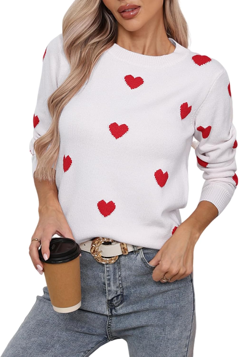 Women's Long Sleeve Crew Neck Pullover Sweaters Lightweight Heart Sweater