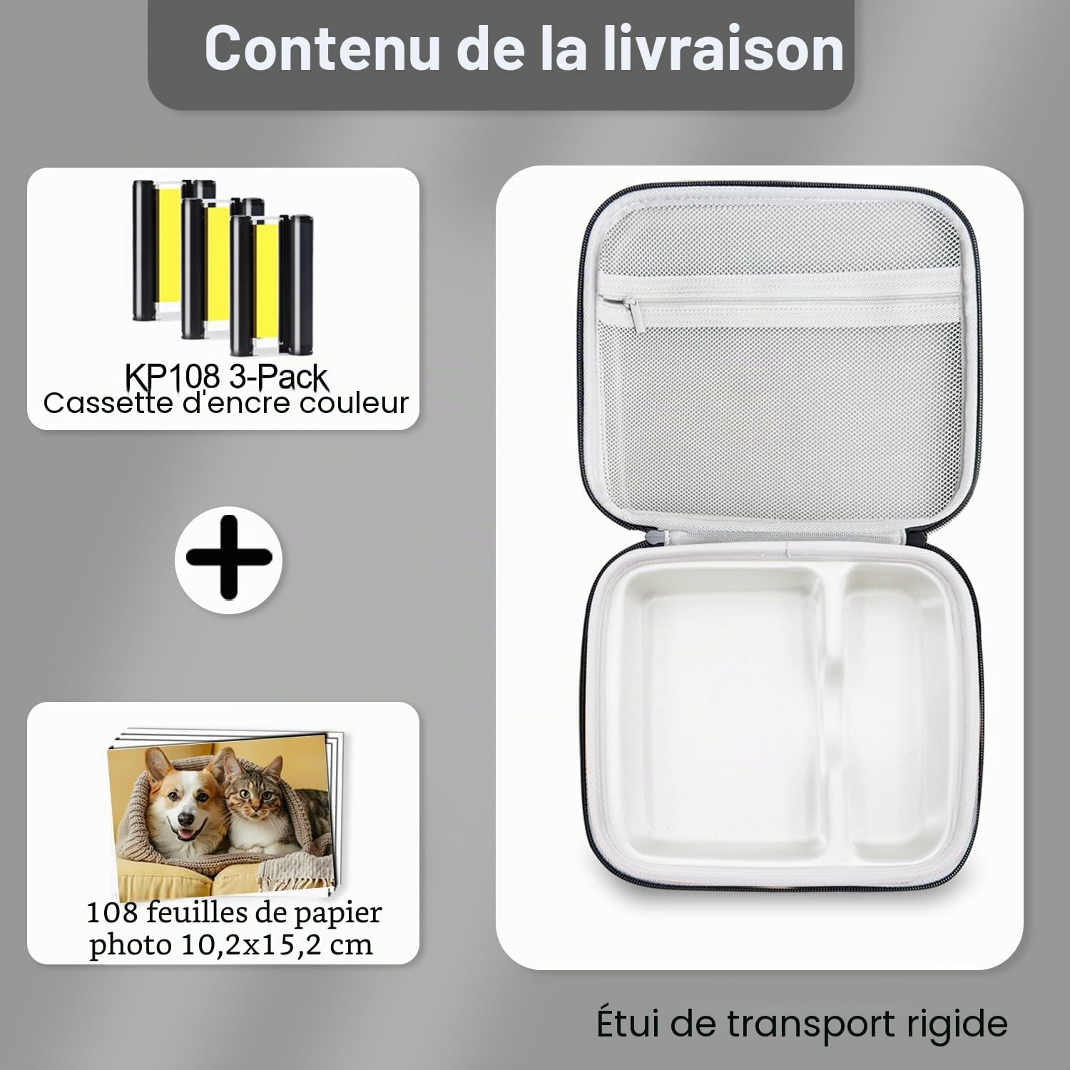 Compatible avec Canon Selphy CP1500 CP1300 Encre, papier et étui rigide, KP-108IN KP108 3 cartouches d'encre couleur et 108 feuilles de papier photo 4 x 6 et boîte de protection noire pour les mains