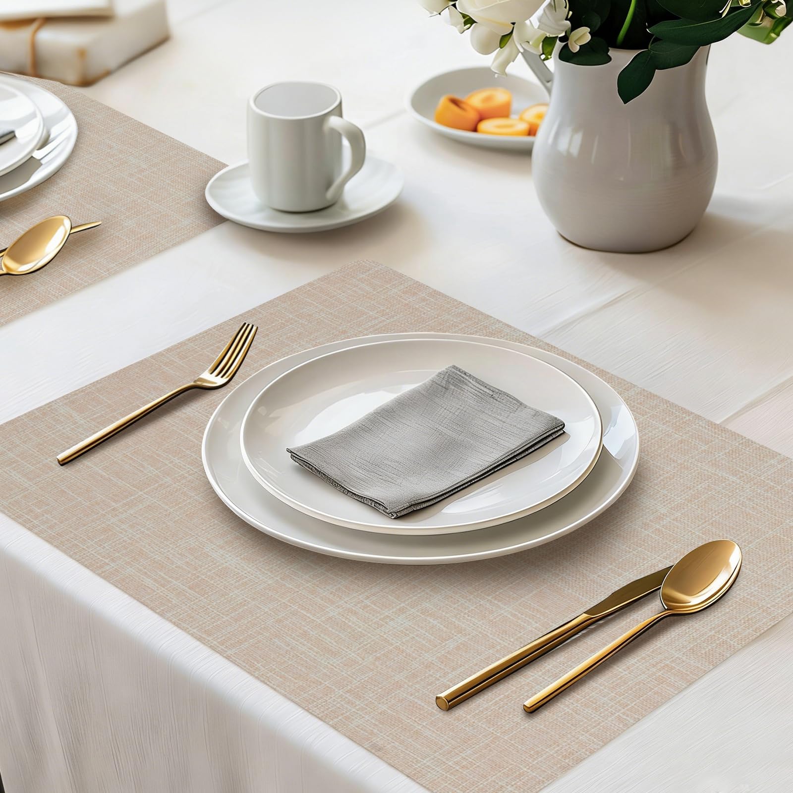 Juego de 4 Manteles Individuales de Lino, 30x46cm, Doble Capa, Lavables a Máquina, Resistentes al Calor, Antideslizantes, Duraderos para Cocina y Comedor, Fiestas Bodas - Beige