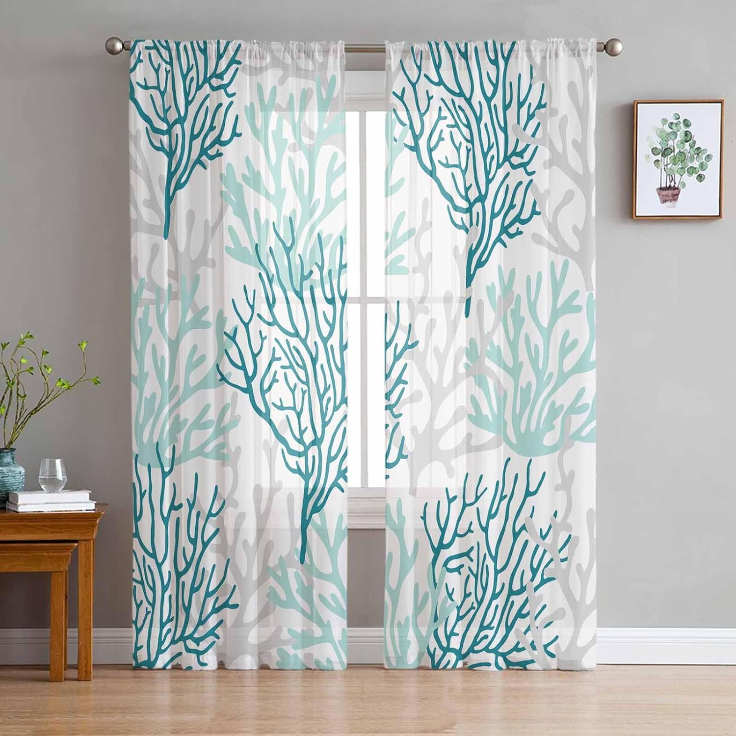 Teal Grey Coral Coastal Sheer Curtains 84 Inch Length 2 Panels Set Window Treatments, Summer Beach Seaside Nautical Rod Pocket Semi Curtains for Living Room/Bedroom/Kitchen 104" W x 84" L