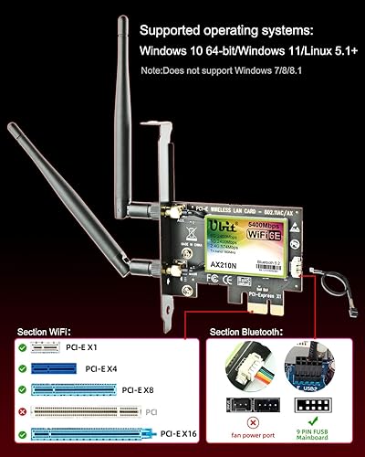 Miniatura 6 de Tarjeta WiFi PCIE de 5400 Mbps Intel 6E Chipset (6 GHz, 5 GHz y 2.4 GHz) Tarjeta WiFi PCIe BT 5.3, adaptador WiFi con OFDMA, latencia ultra baja,