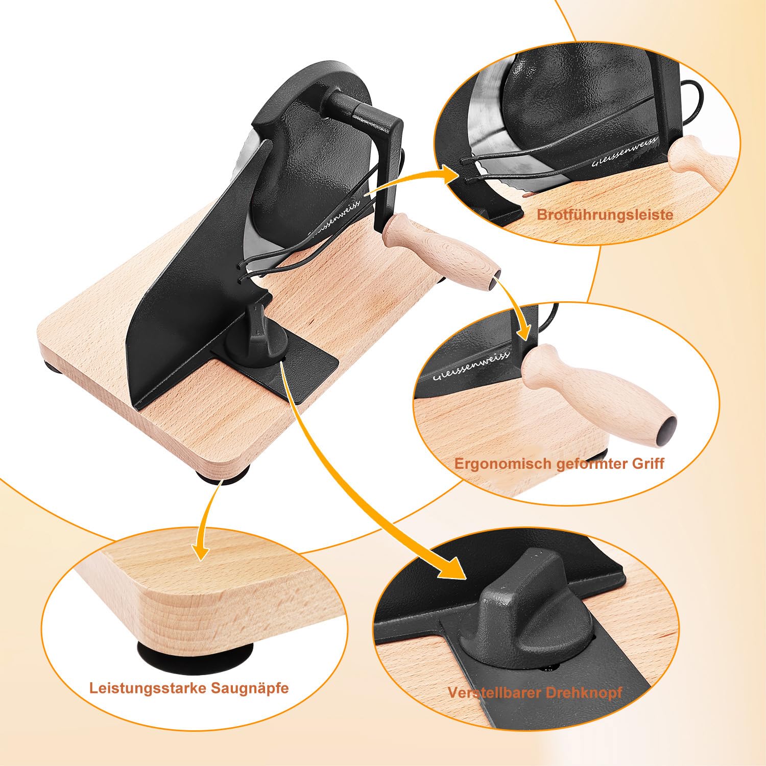 Manuelle Brotschneidemaschine mit Handkurbel, Einstellbare Scheibendicke 0–20 mm, Edelstahl-Wellenschliffklinge, Massivholz-Basis, Für Sauerteigbrot, Selbstgebackenes Brot, Toast & Baguette