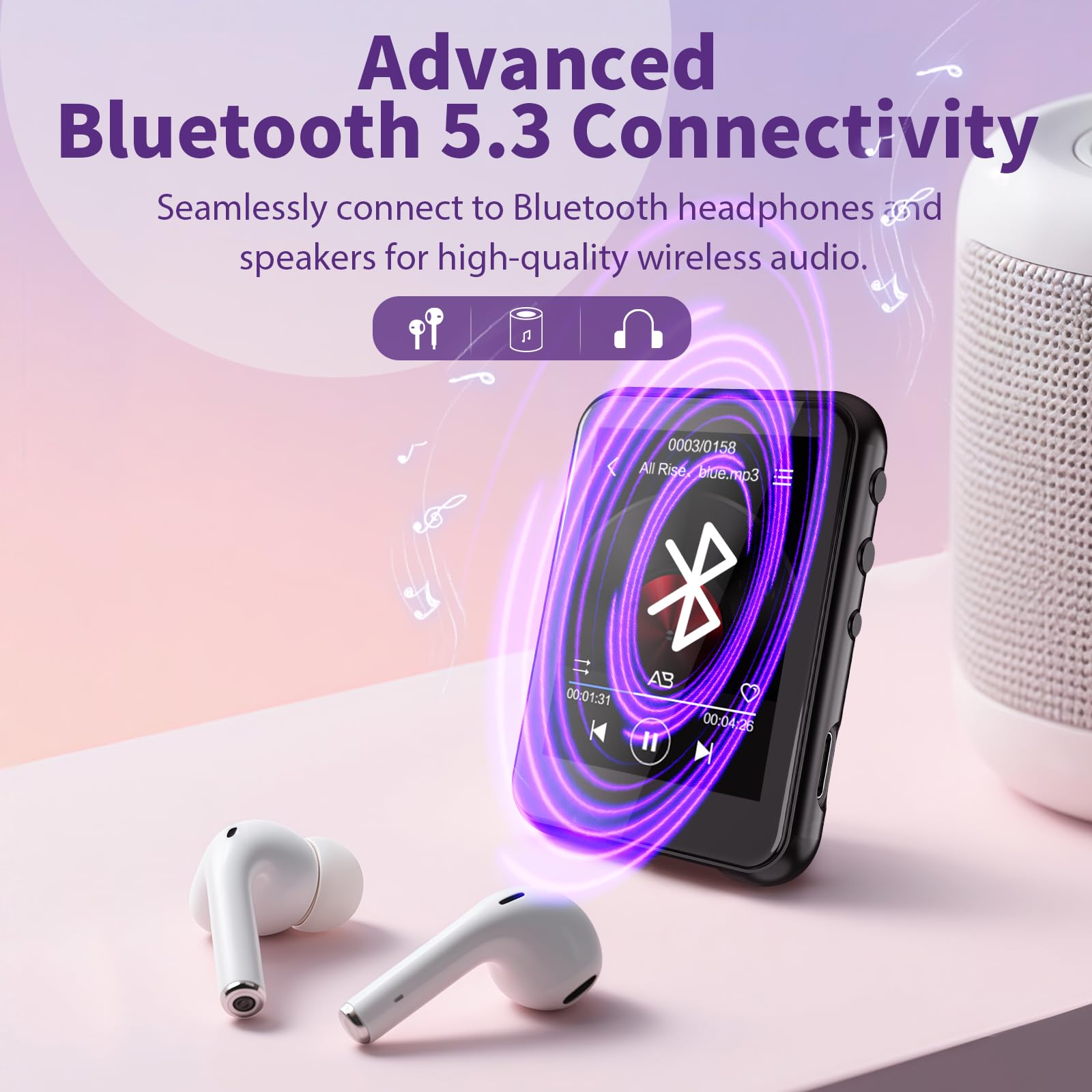 Reproductor MP3 de 32 GB con Bluetooth 5.3, pantalla táctil de 2,4 pulgadas, radio FM, grabación de voz, sonido Hi-Fi, función de libro electrónico, ampliación de memoria de hasta 512 GB