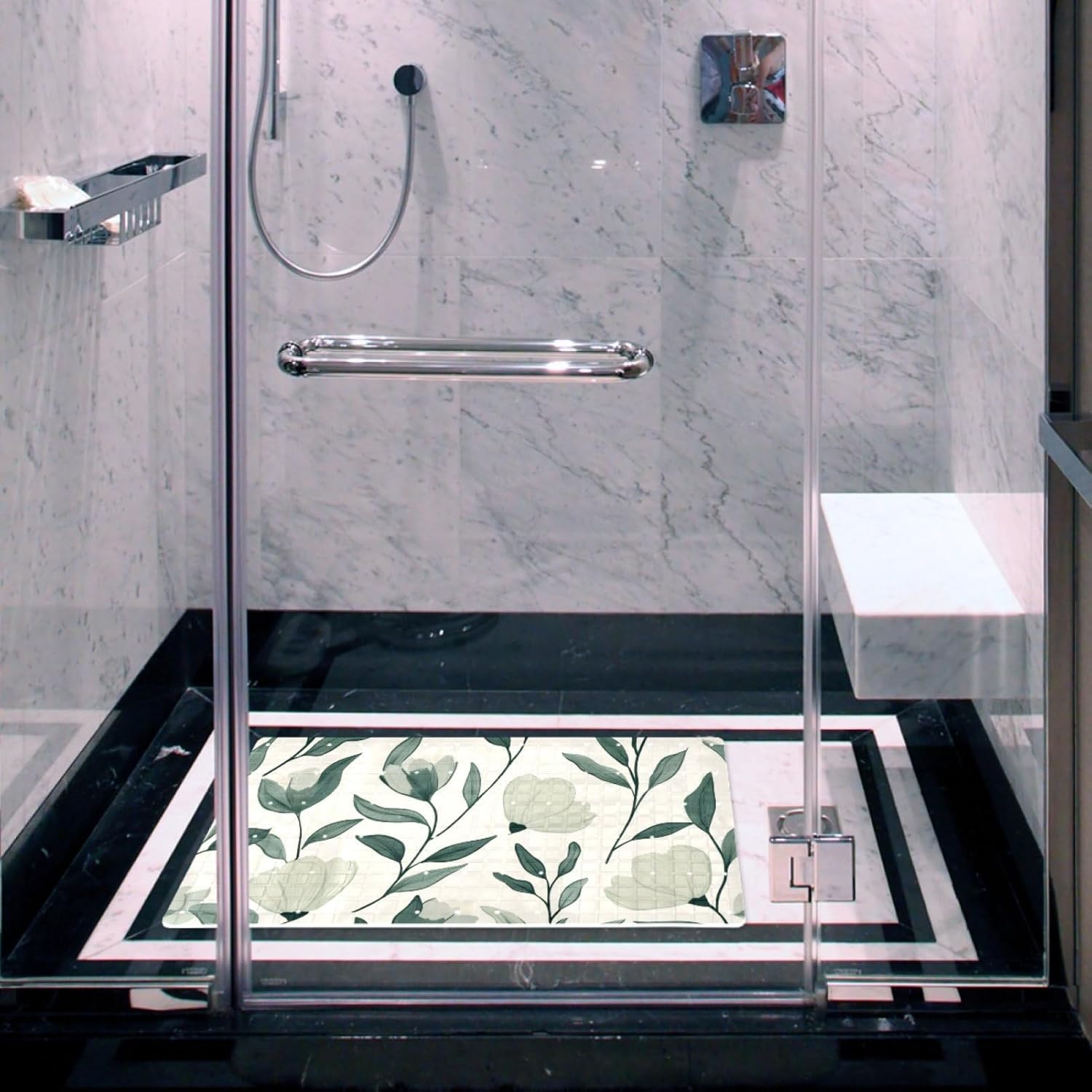 Bathtub Mats for Shower Tub, Sage Green Flowers with Leaves Seamless Pattern Anti-Slip Bath Mats for Inside Tub, Bathroom Shower Mats with Drain Holes and Suction Cups