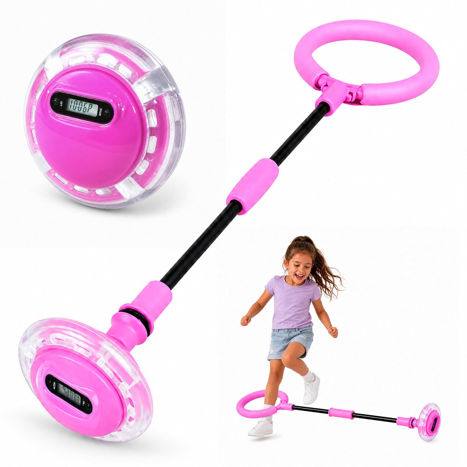 Folding Ankle Skip Ball with Counter, Timer, Calorie Calculator, LED Light-Up Wheel, Outdoor Sport & Garden Games Toy, Gift for 5 6 7 8 9 10＋ Year Old Girls (Pink)