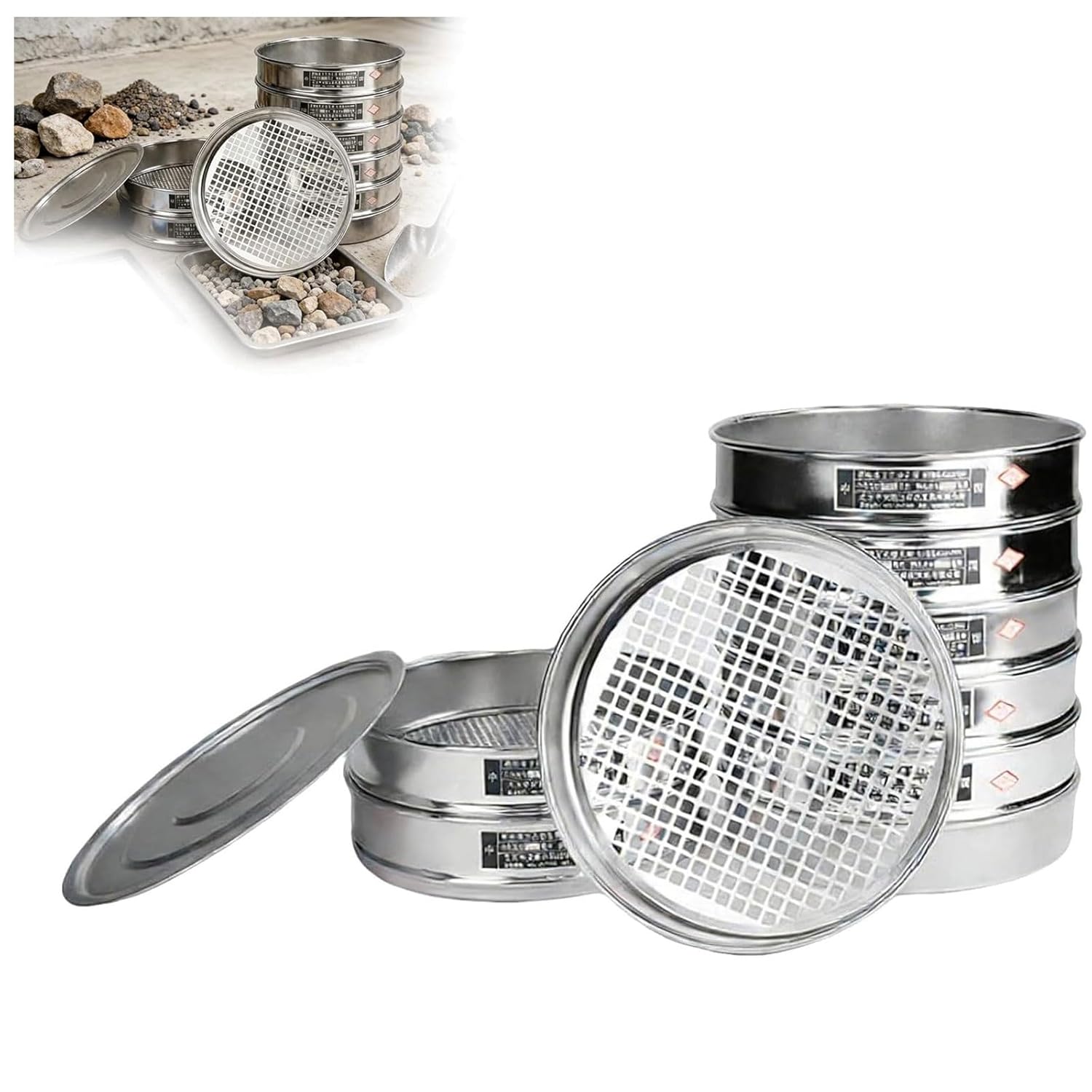 Square Hole Aperture Lab Test Stone Sieve, 30cm Diameter Stainless Steel Gravel Sieve Set with Lid and Base, Gravel Sieving Standard, Aperture 0.075-9.5mm/2.36-90mm, for Soil, Compost(10pcs)