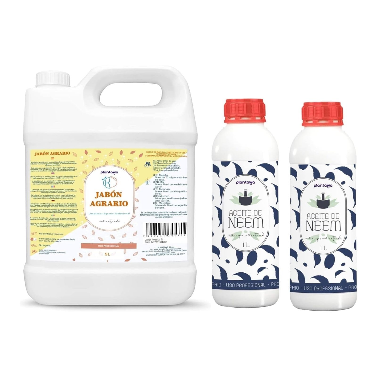 PLANTAWA Pack Jabón Potásico 5L con Aceite de Neem 2x1L | Solución Multiusos | Fácil Aplicación y Máxima Eficacia | Versátil | Uso en Interior y Exterior | Productos de origen natural