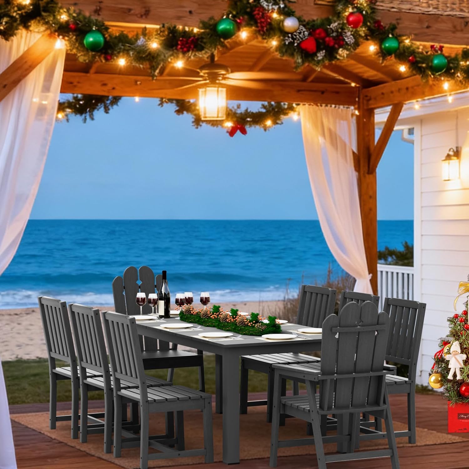 9-Piece Patio Dining Set, Outdoor Dining Set for 8, HDPE All-Weather Outdoor Furniture with 75.20” Umbrella Hole Table, 2 Armchairs & 6 Armless Chairs, Gray