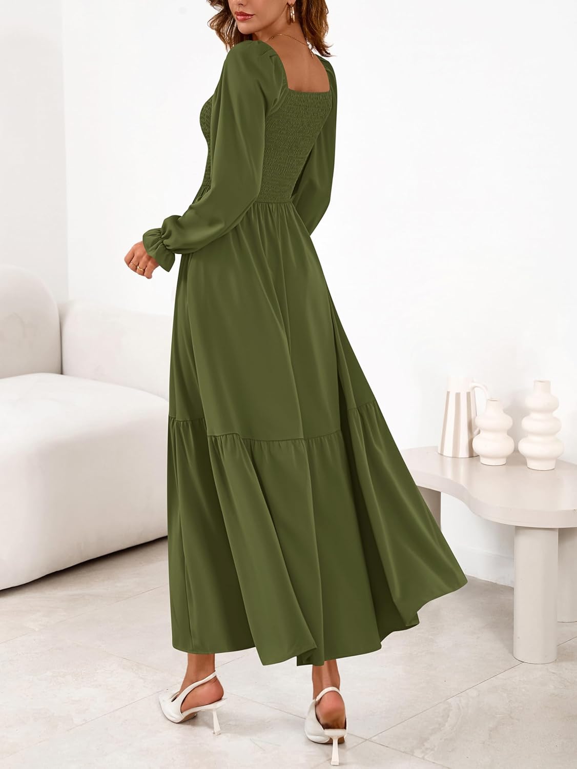 MASCOMODA Womens 2026 Spring Long Sleeve Casual Midi Dress Smocked Square Neck High Waist Flowy A Line Wedding Guest Dresses - Image 5