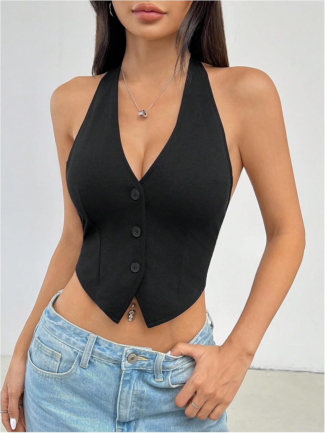 SweatyRocks Women's Sexy Crop Halter Tops Button Front V Neck Backless Asymmetrical Tank Top - Image 4