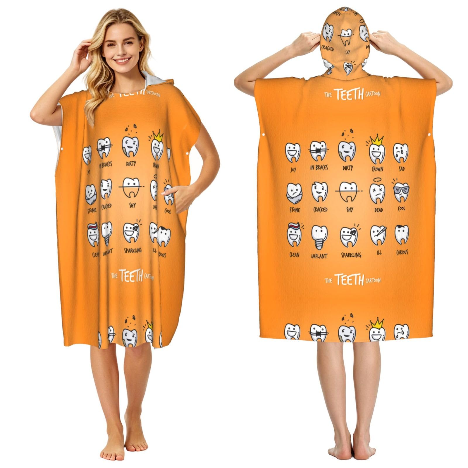 Poadnly Cute Cartoon Teeth, Adult Hooded Beach Towel 90 x 110 cm,Changing Bath Robe, Surf Poncho Towel For Women Men