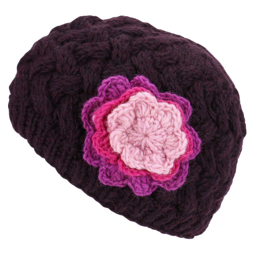 Loud Hats Women's Purple Wool Beanie Hat Cable Knit With Crochet Flower Applique