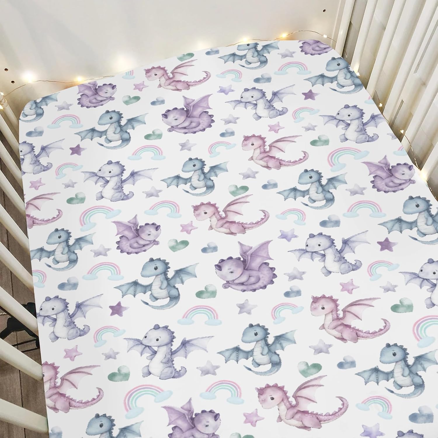 Fairytale Dragon Love Stars Rainbow Baby Crib Sheets for Boy Girl 28"x52" Cute Dragons Purple Soft Snug Fitted Crib Mattress Cover Fantasy Animal Baby Sheet for Standard Crib & Toddler Bed Mattress