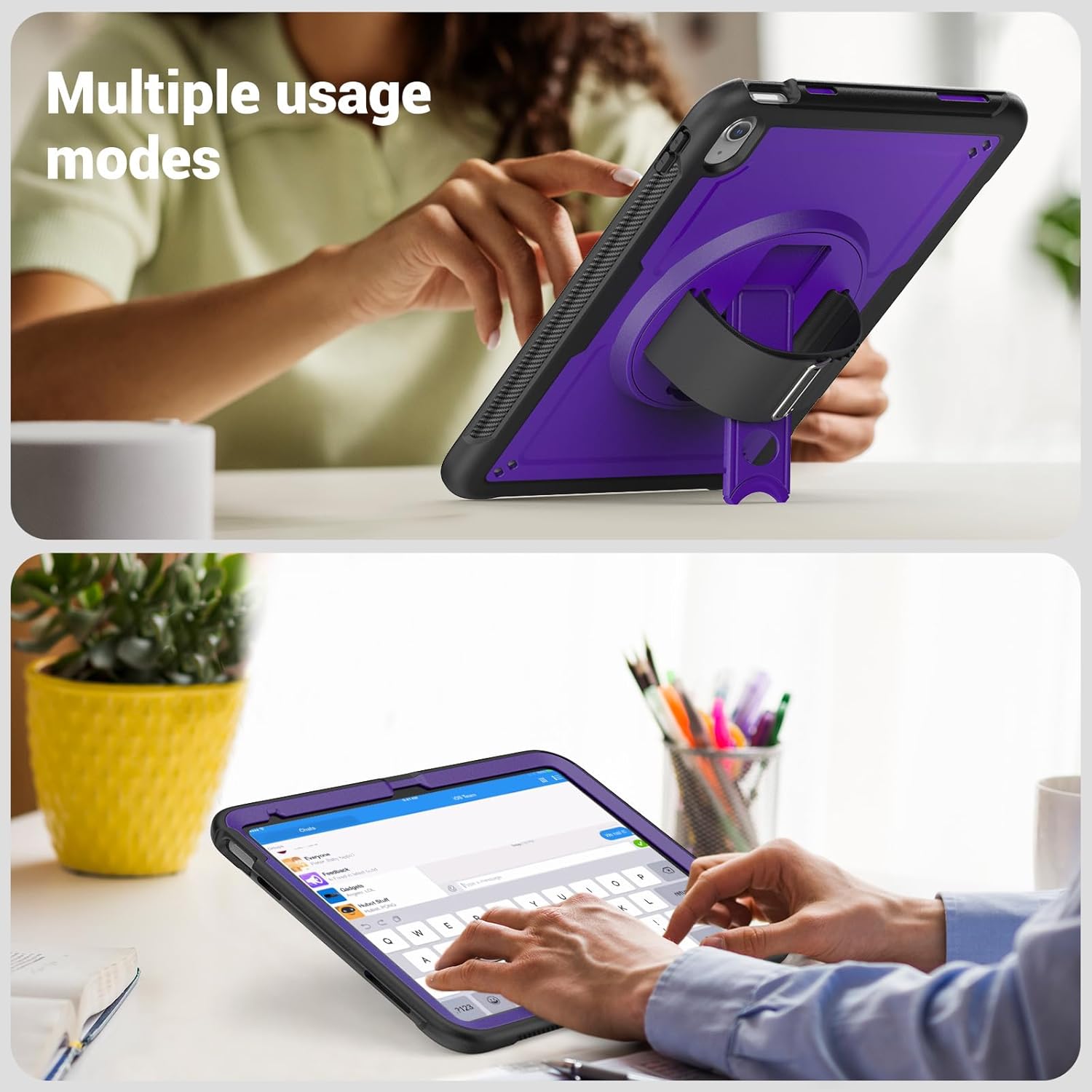 ZENLU iPad 10th Generation & 11th (A16, 2025) Case Lightweight Rotating, Rugged Shockproof Hard Shell with Straps, Stand, Handle, Screen Protector, Pencil Holder (Purple)