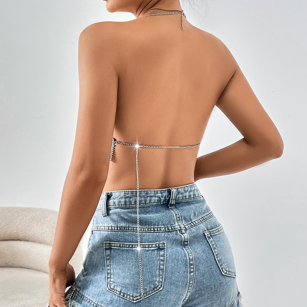 Women's Glitter Halter Tops Sparkle Crystal Rhinestone Chain Crop Top Metal Sequin Club Party Rave Nightclub Outfit - Image 6