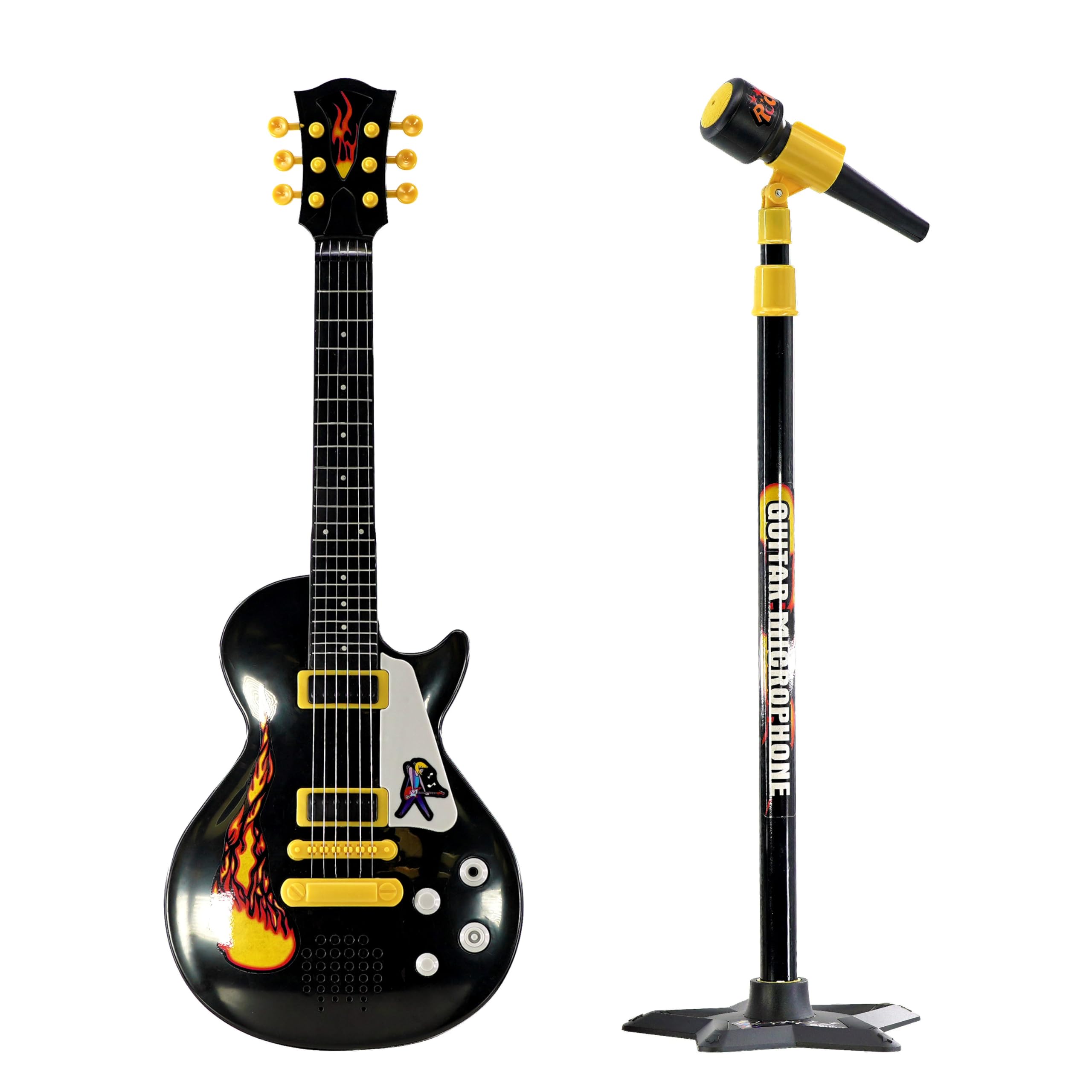 The Magic Toy Shop 22" Kids Electric Guitar & Adjustable Microphone Stand - 6 String Musical Instrument Toy with Sound Effects & Melodies - Battery Operated Rockstar Play Kit for Boys & Girls Aged 3+