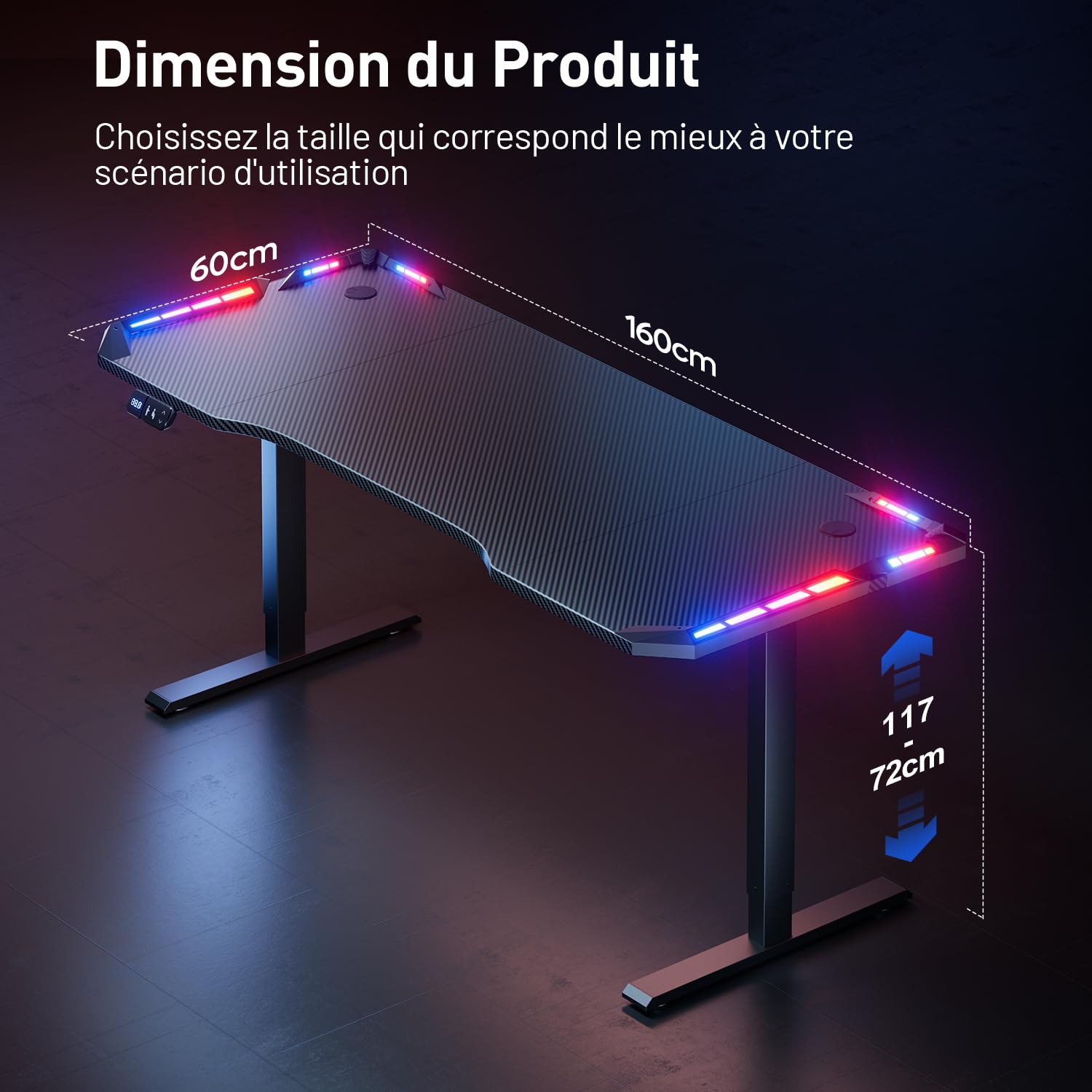 HLFURNIEU LED Bureau Assis Debout Electrique 160 x 60 cm, Bureau Gaming avec 2 Contrôle à Fonctions Mémoires, Table Reglable Hauteur avec Surface en Fibre de Carbone, Table Gaming Noir