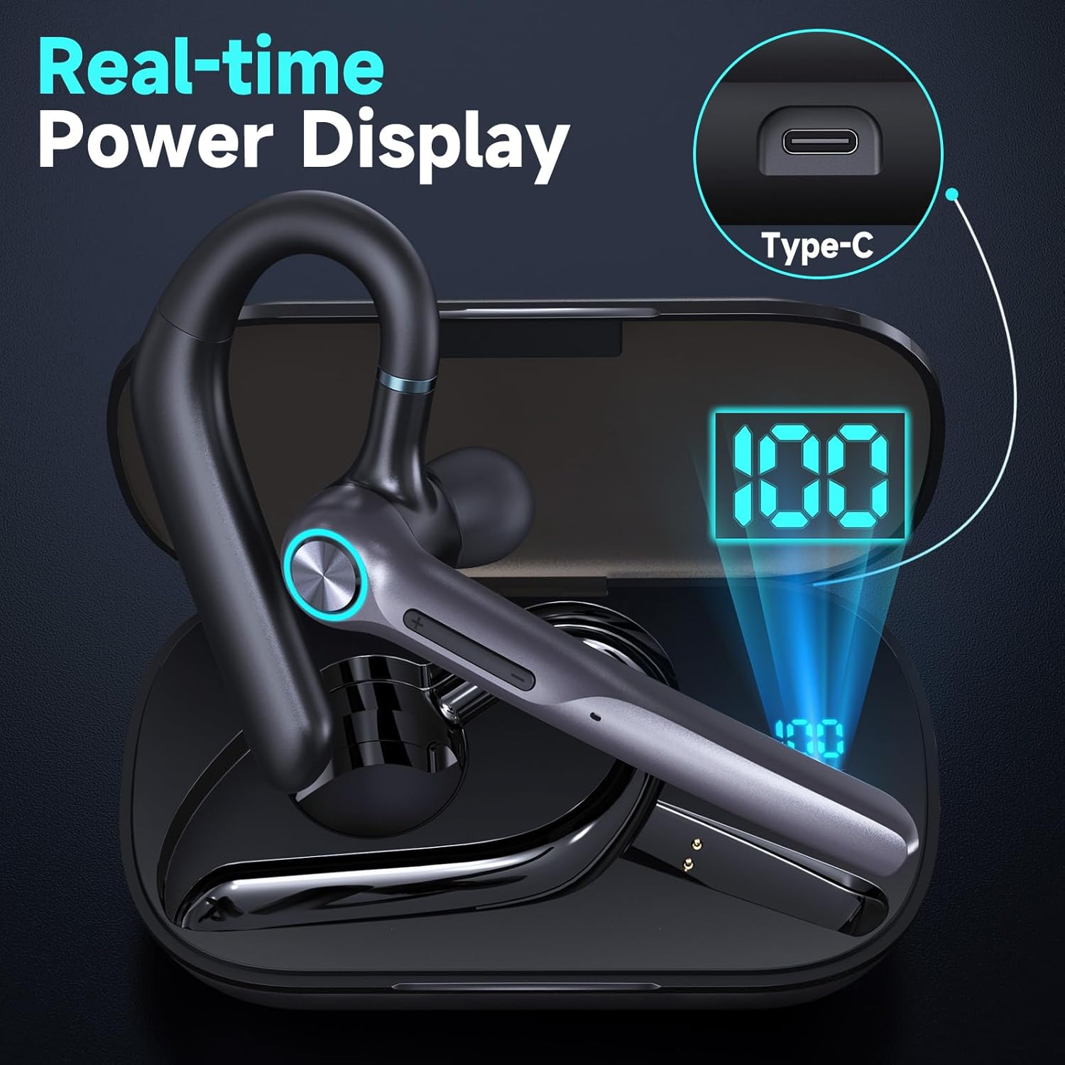 Contents of the Eumspo G3 Wireless Headset box including headset, charging case, USB-C cable, replacement eartips, and user manual.