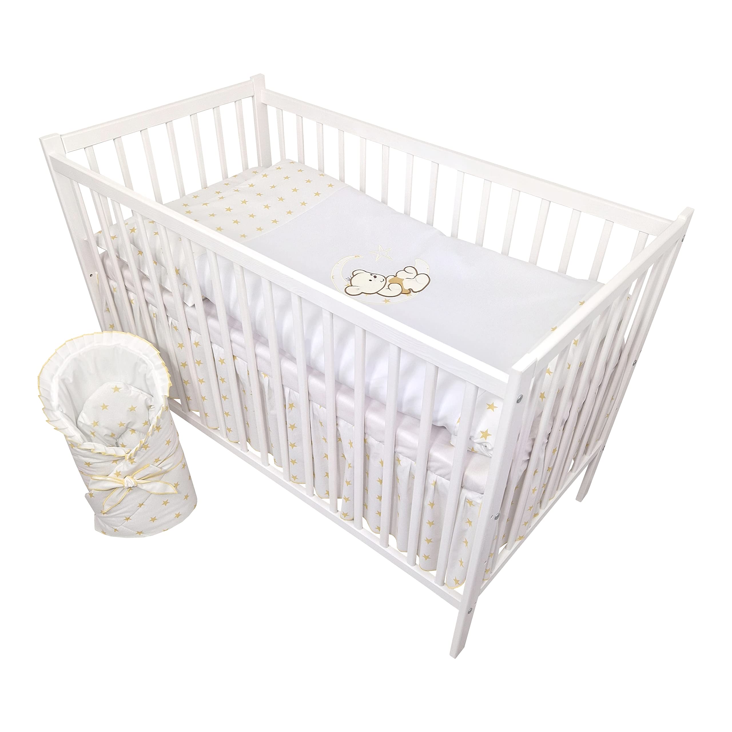 Juego Completo de 16 Piezas de Cuna y Ropa de Cama Happy Leo Incl. colchón Regulable en Altura para recién Nacidos y niños pequeños de Madera Maciza (Osito Luna Estrellas Doradas)