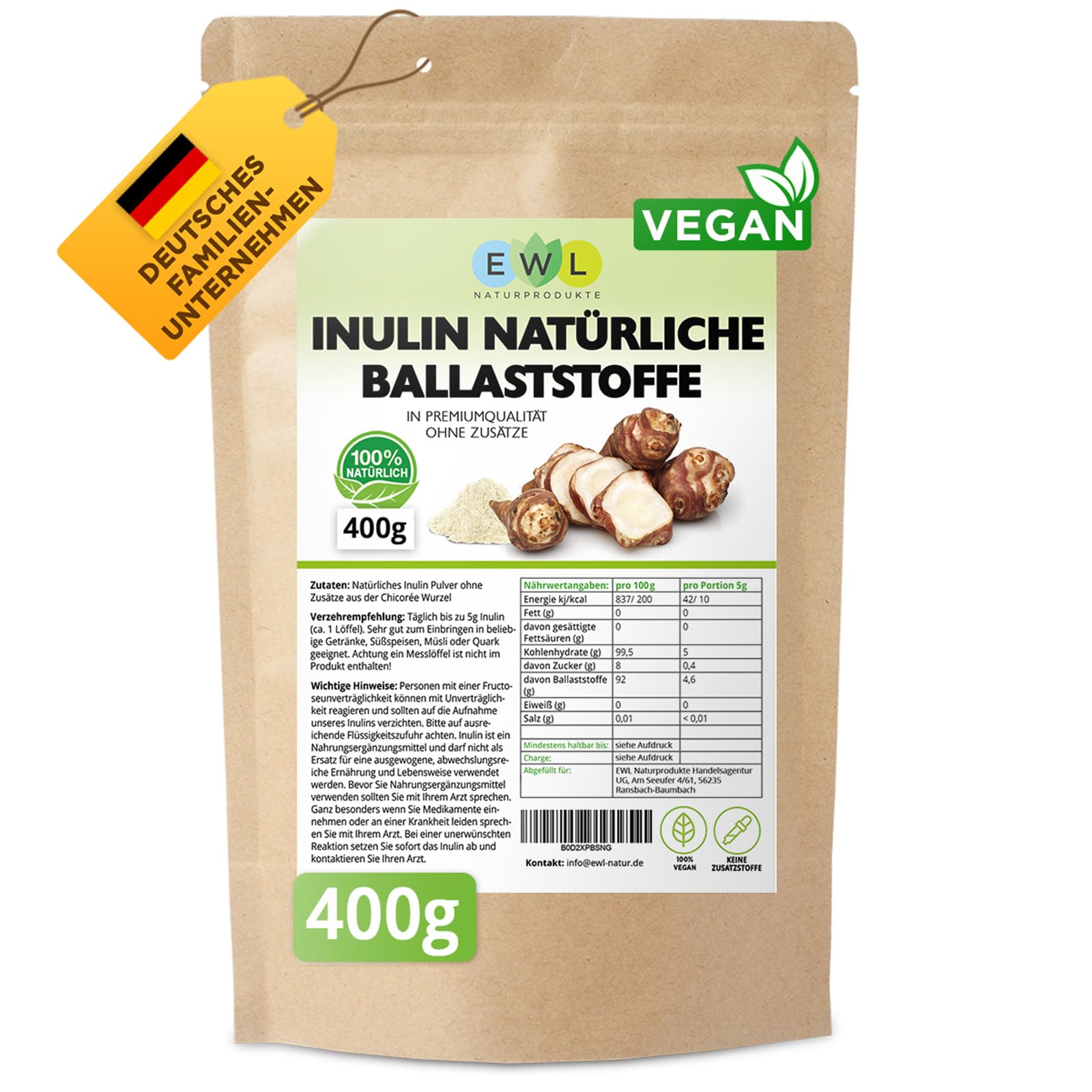 EWL Naturprodukte Inulin Pulver 400 g, in Deutschland kontrolliert und abgefülltes Qualitätsprodukt, aus der Chicoree-Wurzel, Ballaststoffpulver Inulinpulver, laborgeprüfte Qualität