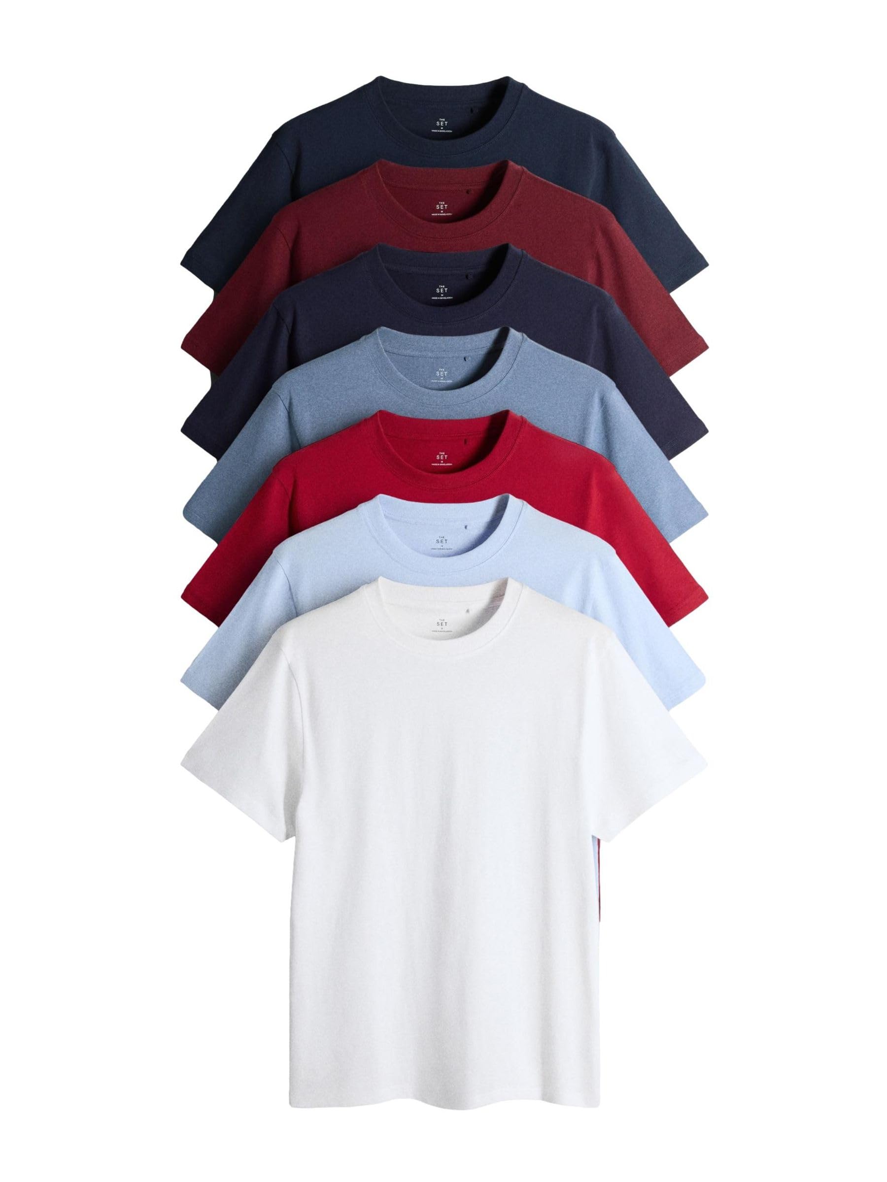 THE SET Hombres Pack de 7 Camisetas de algodón con Cuello Redondo y Corte estándar