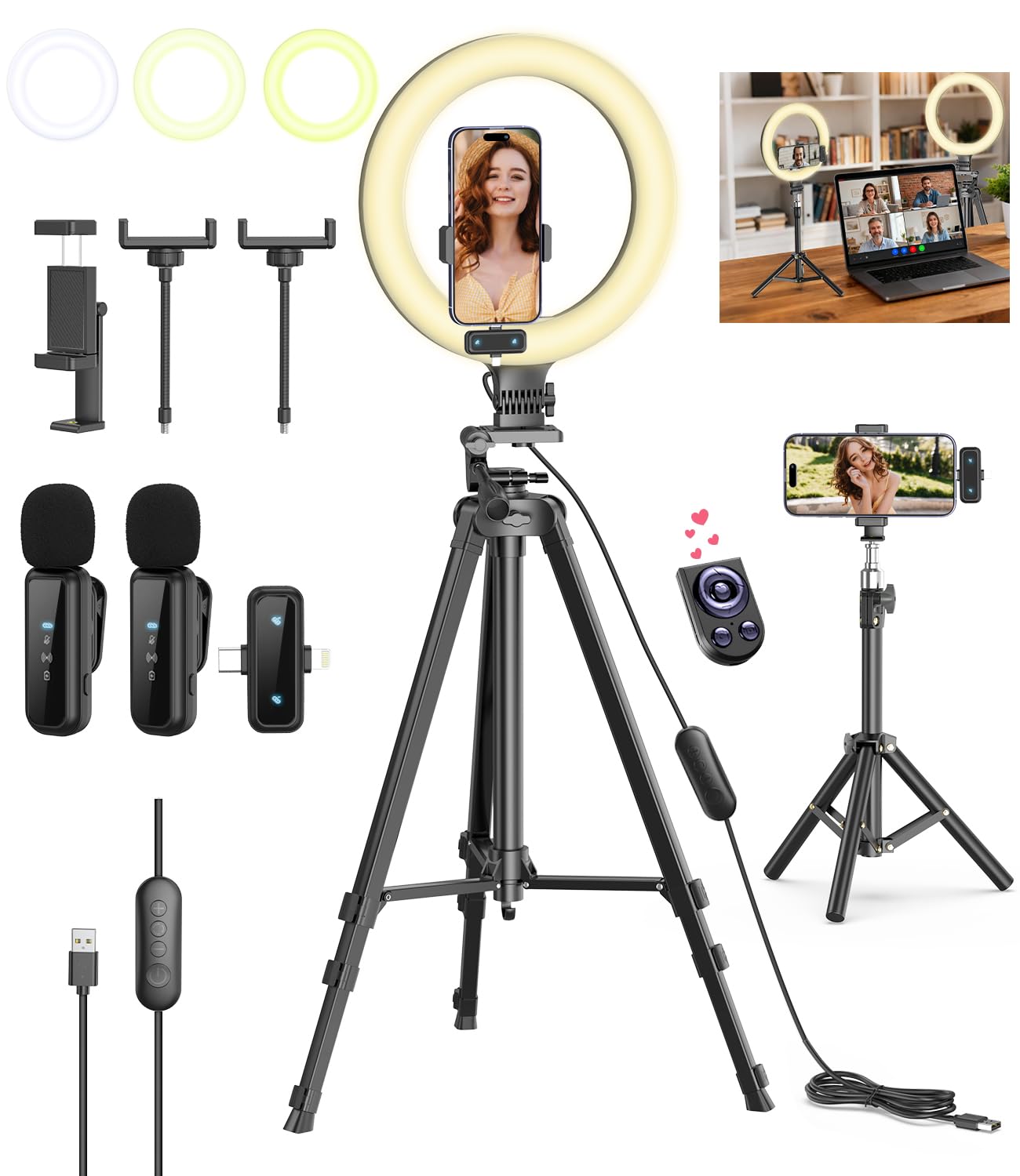 Kit di vlogging per iPhone/Android, anello luminoso per selfie da 25,4 cm con supporto, treppiede estensibile da 147 cm, treppiede da tavolo, microfono wireless, kit base per YouTube, Creatore di