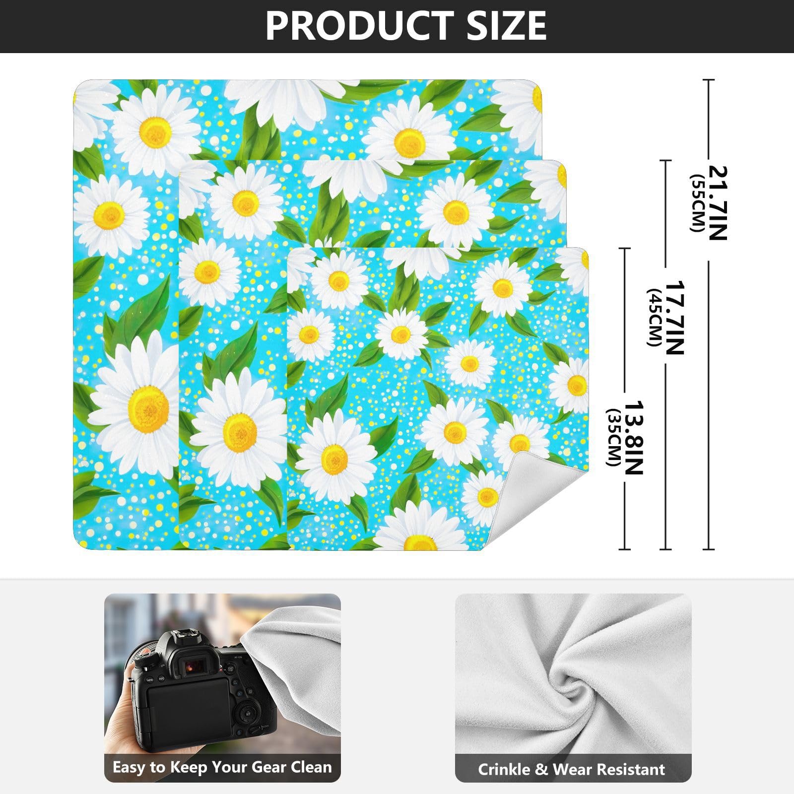 ODAWA White Daisies Leaves Light Blue Self-Adhesive Cloths 13.8X13.8 Inch Cosmetic Bag Magic Cloth Wrap Protection for Camera and Lens