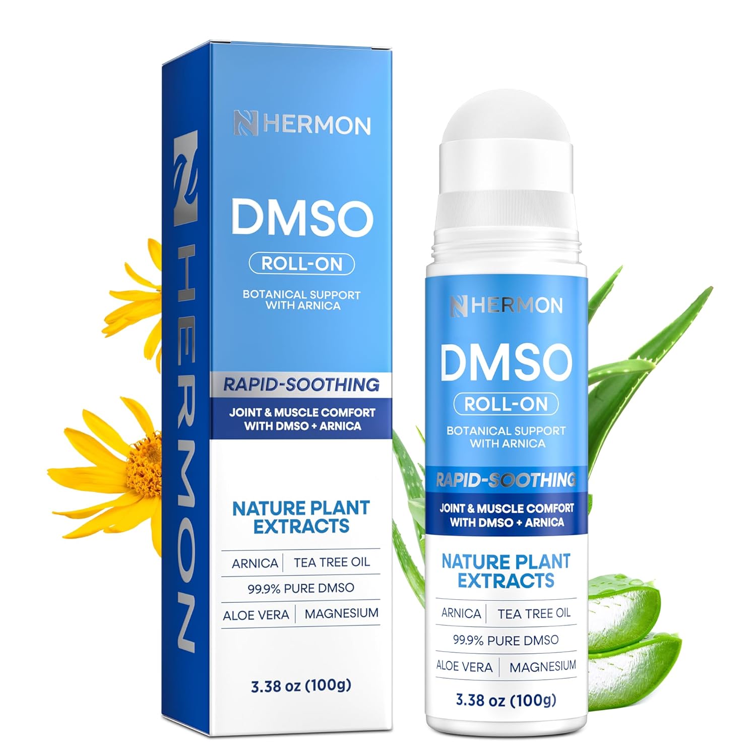 Hermon DMSO Arnica Roll-On: 99.9% Pure Pharmaceutical Grade with Magnesium, Aloe Vera & Vitamin E 3.4 fl oz