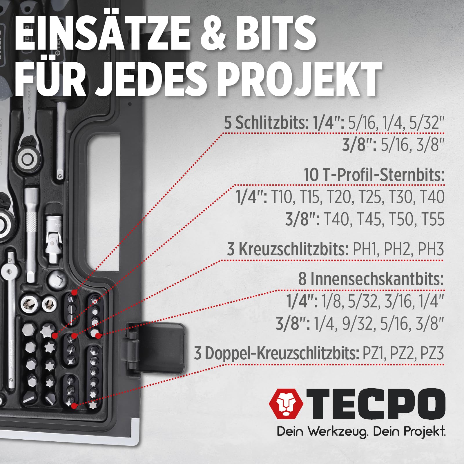 TECPO Set di utensili per pollici Harley a bussola, dadi dimensioni set scatola a cricchetto