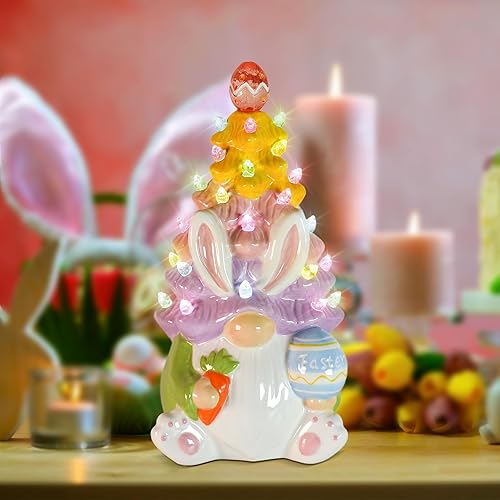 Vista 6 de Temporizador – Decoraciones de Pascua para el hogar – Decoración iluminada de conejo de Pascua, gnomo de primavera, decoración de árbol de cerámica