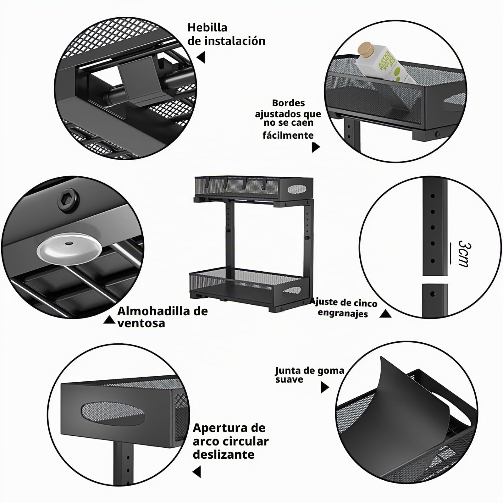 Organizador Bajo Fregadero Extraíble Ajustable 5 Niveles - Estantería de Acero Carbono para Cocina/Baño (29.5-43cm), 2 Capas Deslizantes, Almacenamiento Esquina/Lavabo