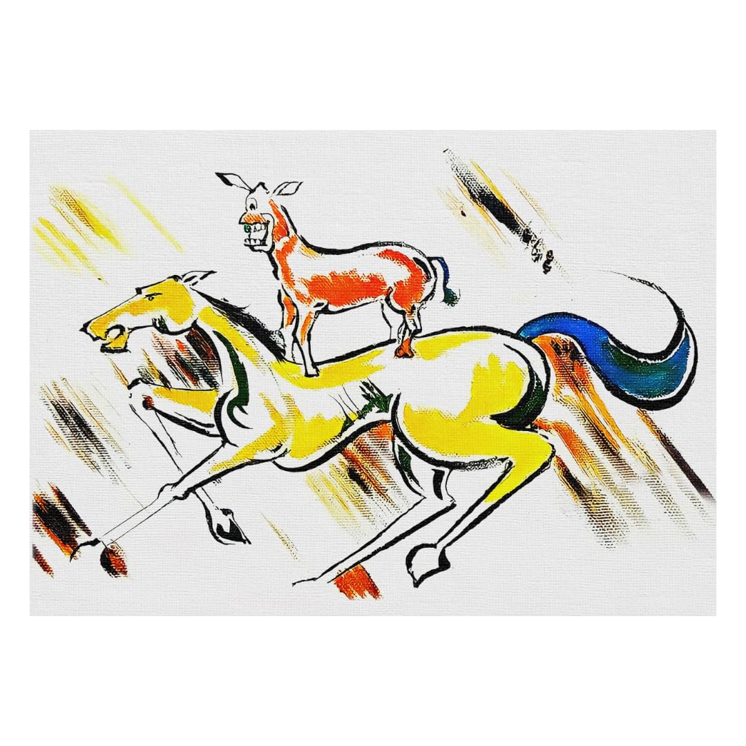 Kurifly Majnu Bhai Painting Print – “Rocking Horse” Pop Art Canvas (Welcome Movie) – Donkey on Horse – Rolled Canvas (18" x 12")-image-0