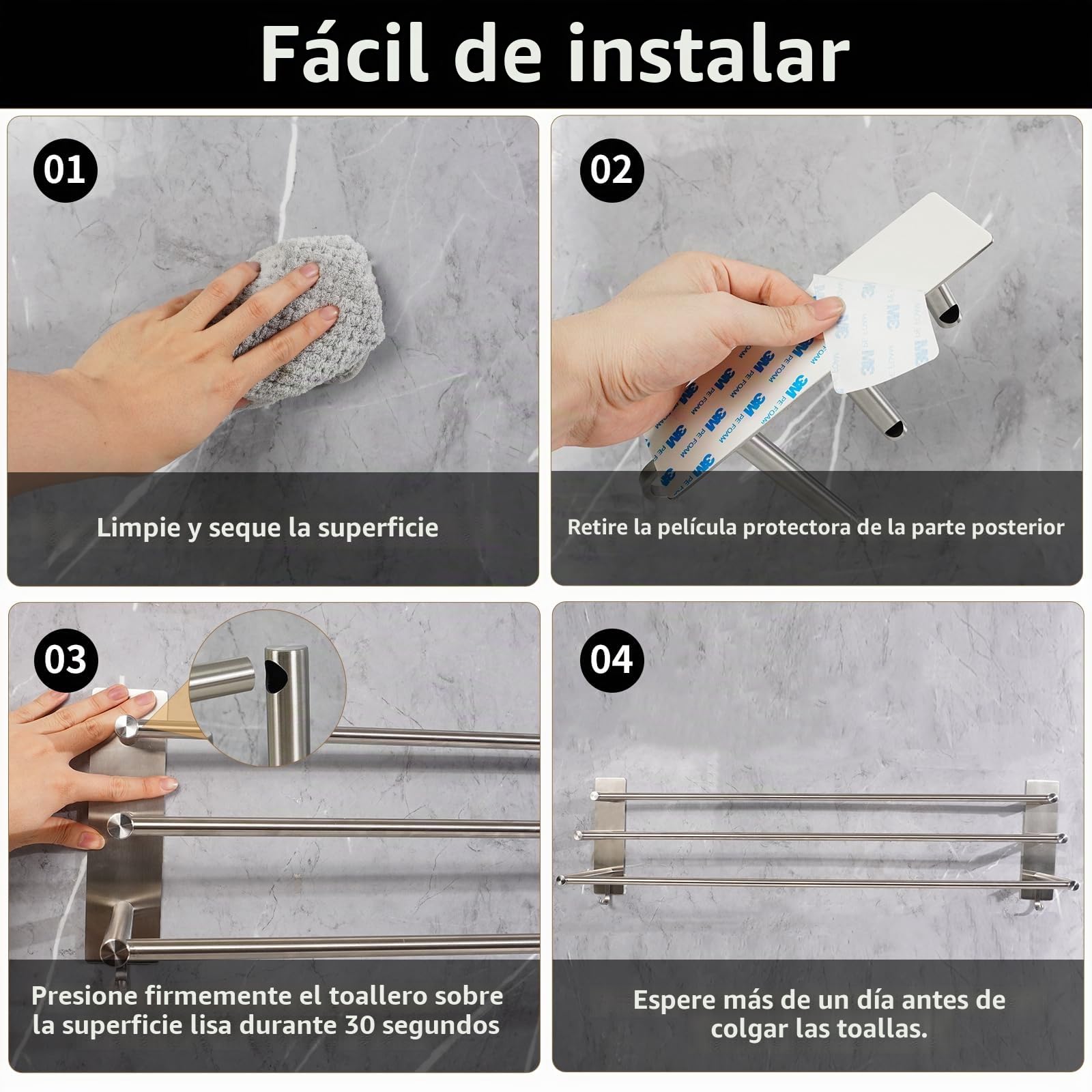 Vista Toallero SUS304 3 cierres 75 cm acero inoxidable autoadhesivo plateado soporte de baño con dos ganchos