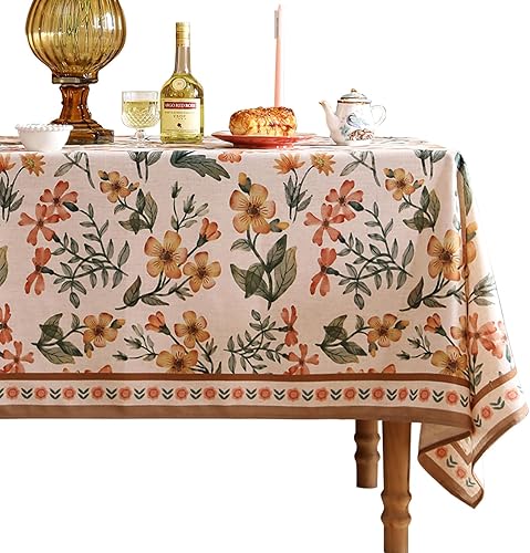 Mantel rectangular de lino floral amarillo, mantel rectangular con patrón de flores naranjas vintage francesas, manteles de decoración para cocina,